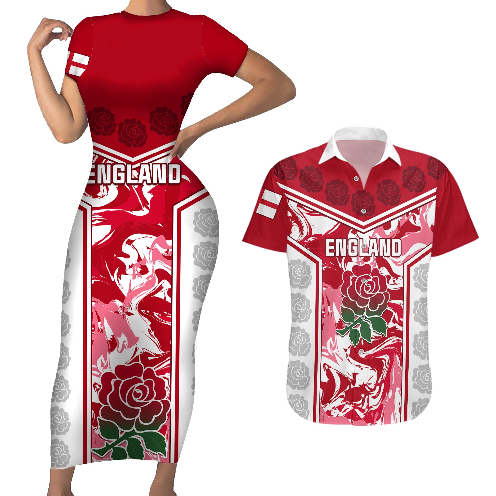 England Rugby Couples Matching Short Sleeve Bodycon Dress and Hawaiian Shirt The Red Rose Come On 2023 World Cup - Wonder Print Shop