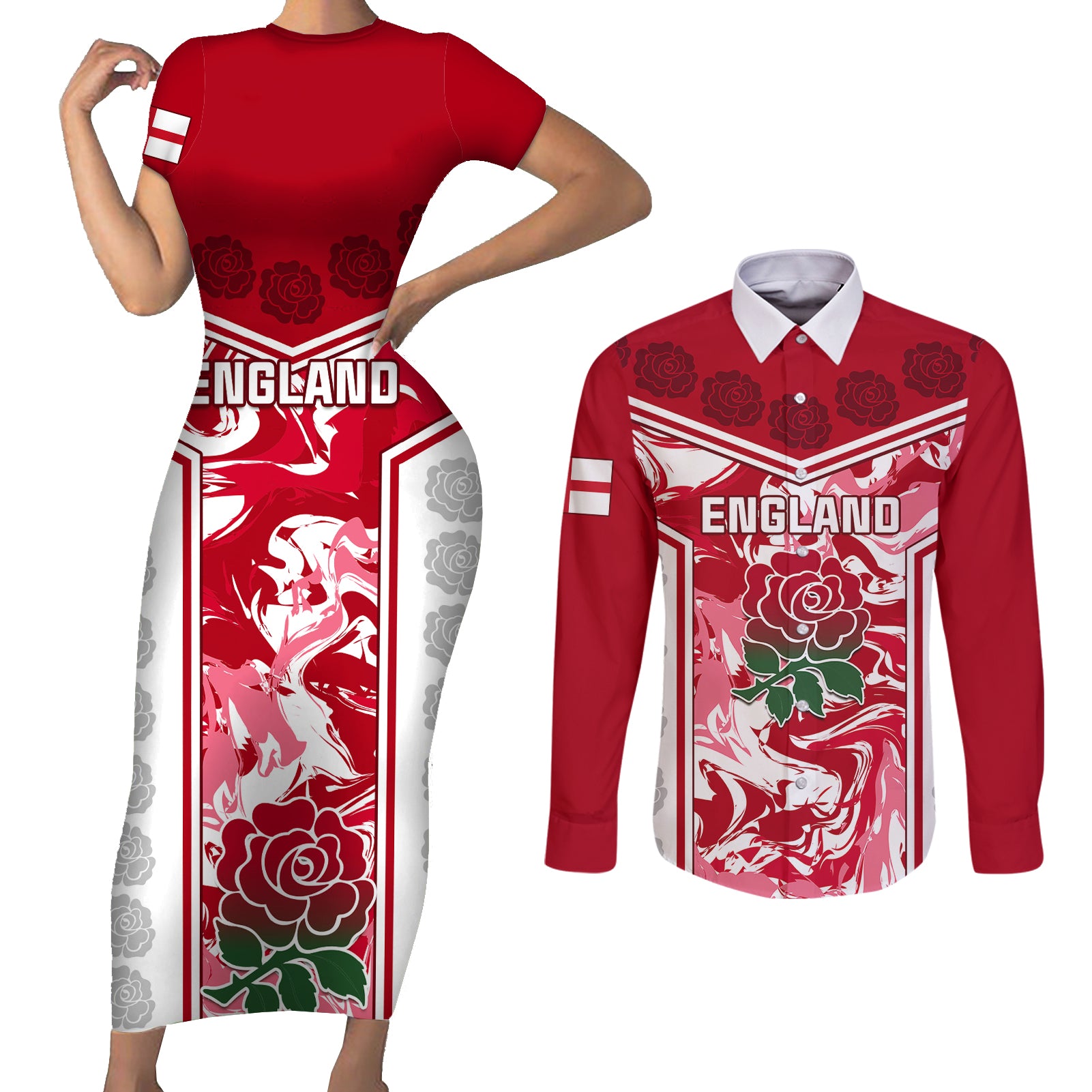 England Rugby Couples Matching Short Sleeve Bodycon Dress and Long Sleeve Button Shirts The Red Rose Come On 2023 World Cup - Wonder Print Shop