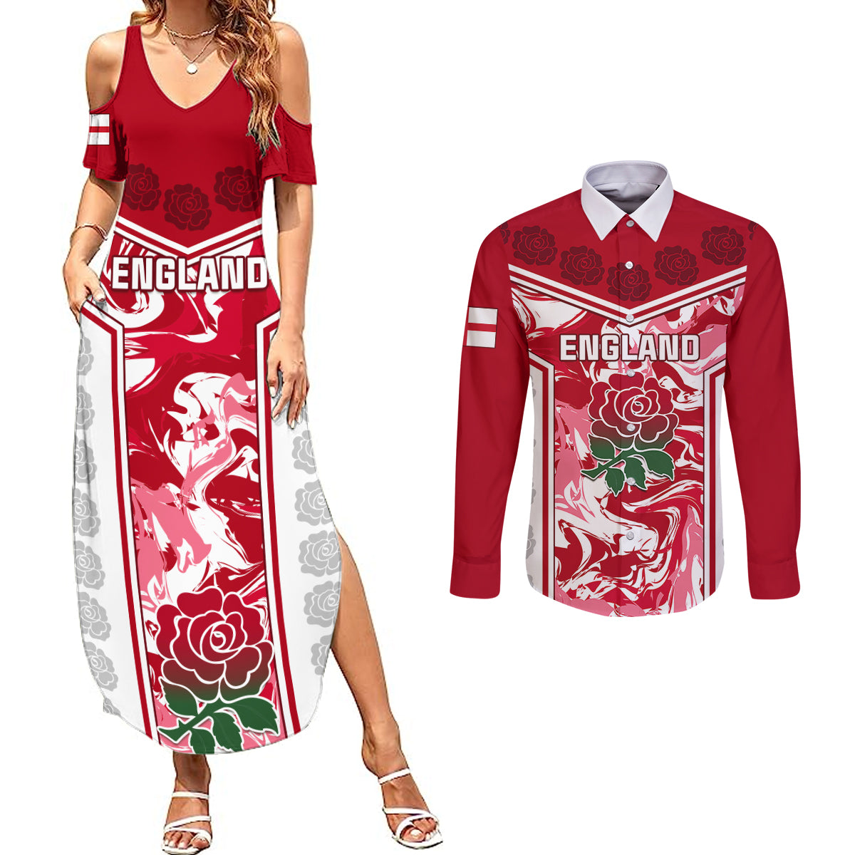 England Rugby Couples Matching Summer Maxi Dress and Long Sleeve Button Shirts The Red Rose Come On 2023 World Cup - Wonder Print Shop