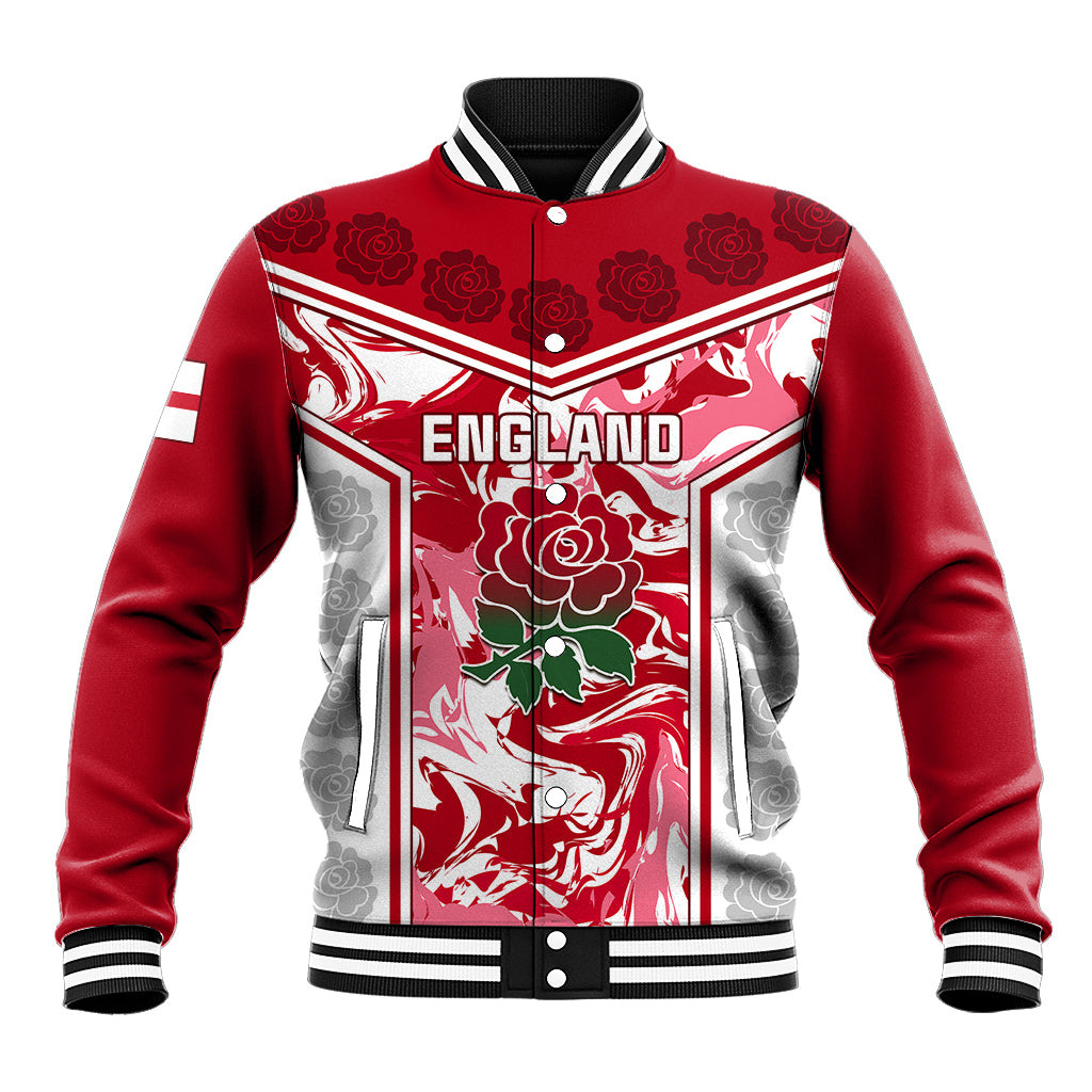 Red varsity baseball jacket with ribbed collar, white-red trim, England graphic on front