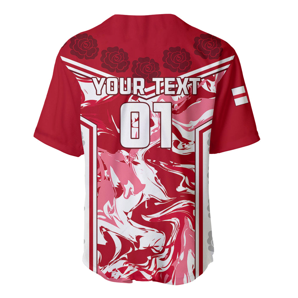 Red rugby baseball jersey back with YOUR-TEXT 01 and striped graphic, V-neck