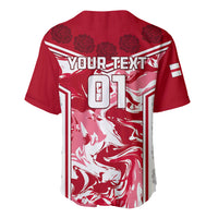 Red rugby baseball jersey back with YOUR-TEXT 01 and striped graphic, V-neck