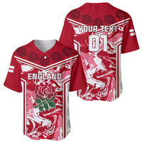 Red England rugby baseball jersey front and back shown, rose crest and YOUR-TEXT 01