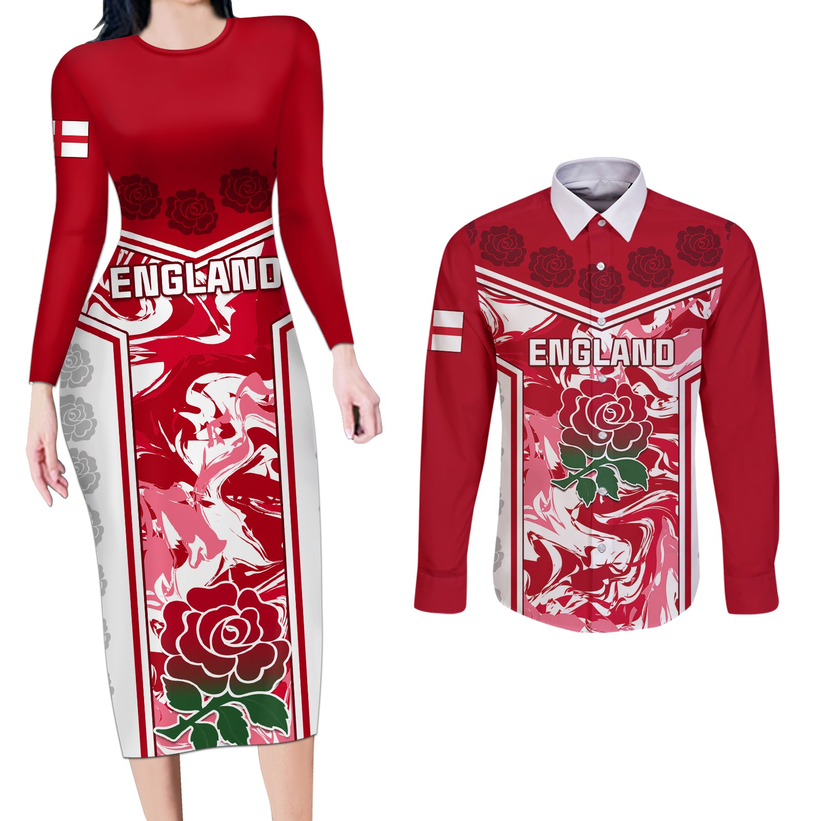 Custom England Rugby Couples Matching Long Sleeve Bodycon Dress and Long Sleeve Button Shirts The Red Rose Come On 2023 World Cup - Wonder Print Shop