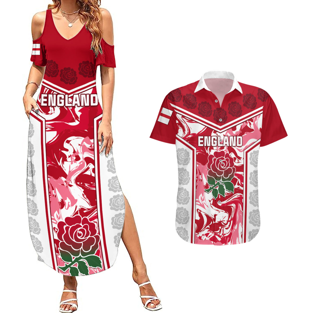 Custom England Rugby Couples Matching Summer Maxi Dress and Hawaiian Shirt The Red Rose Come On 2023 World Cup - Wonder Print Shop