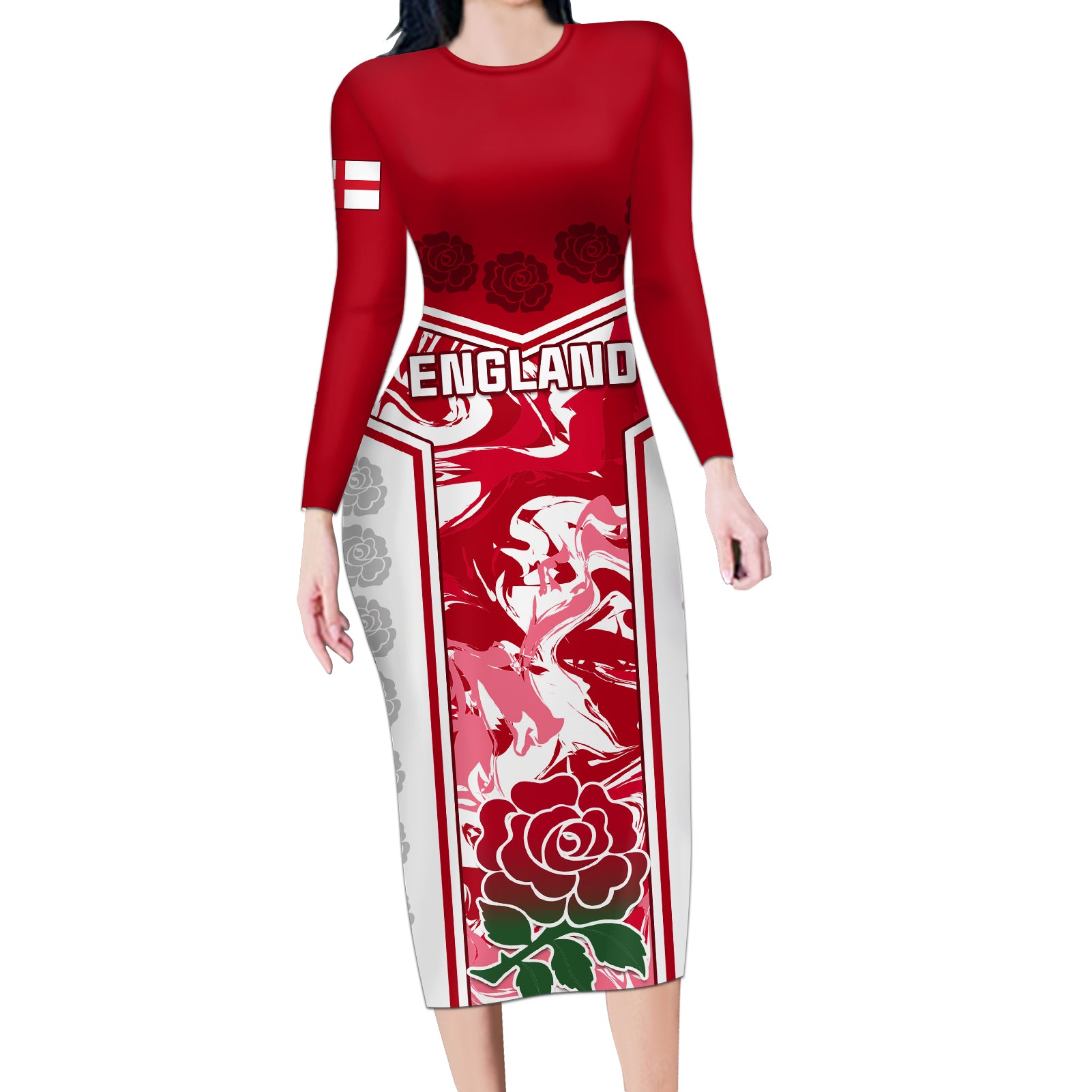 Custom England Rugby Long Sleeve Bodycon Dress The Red Rose Come On 2023 World Cup - Wonder Print Shop