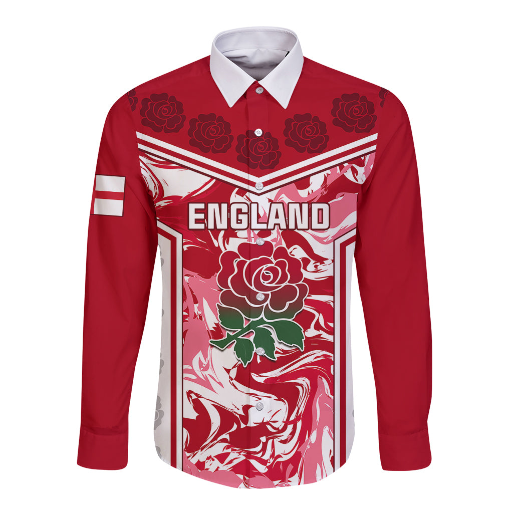 Red long-sleeve button rugby shirt with white front graphic and England wordmark