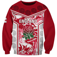 Unisex red rugby sweatshirt with England graphic and rose pattern, long sleeves