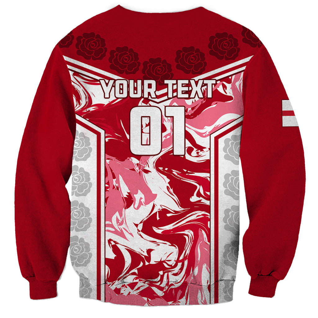 Unisex red rugby sweatshirt with 'YOUR TEXT 01' front print and rose accents