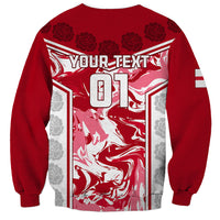 Unisex red rugby sweatshirt with 'YOUR TEXT 01' front print and rose accents