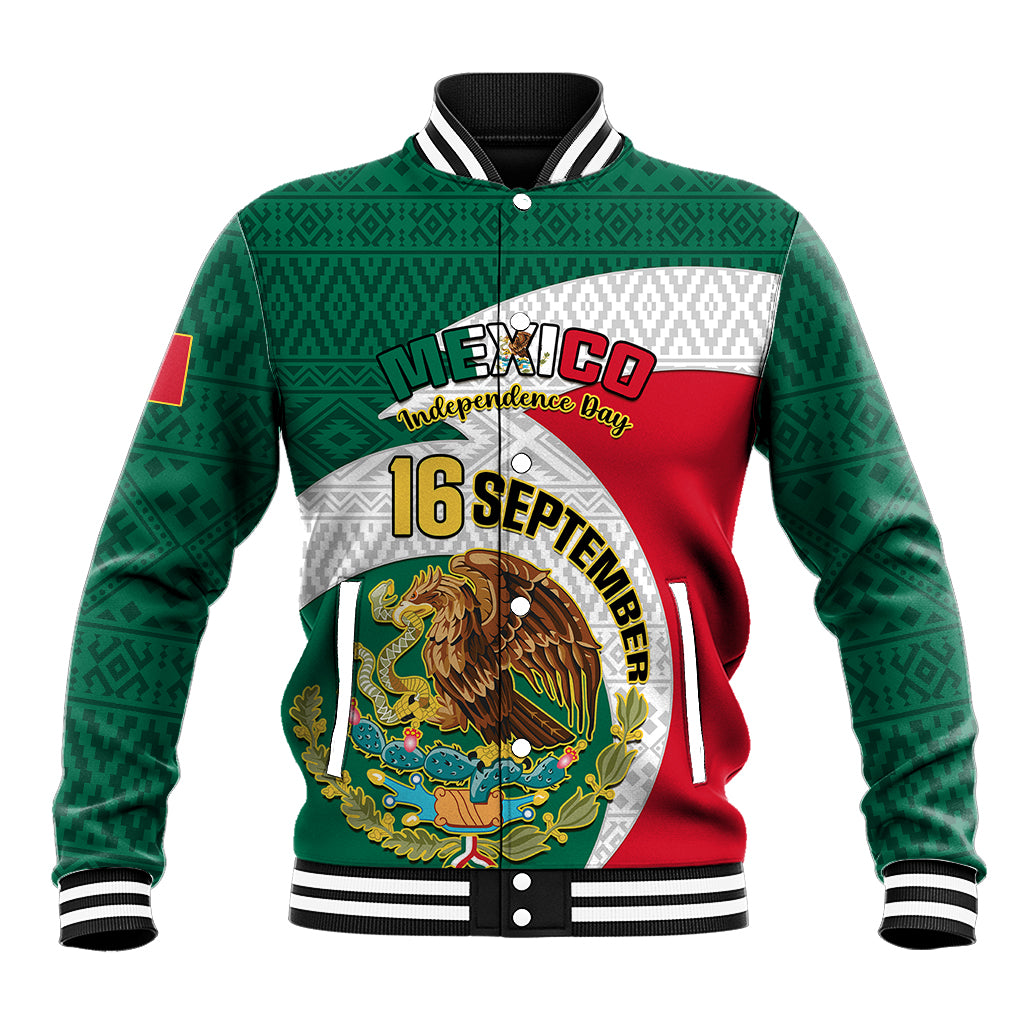 Green baseball varsity jacket with Aztec pattern, front graphic and striped ribbed cuffs
