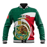 Green baseball varsity jacket with Aztec pattern, front graphic and striped ribbed cuffs