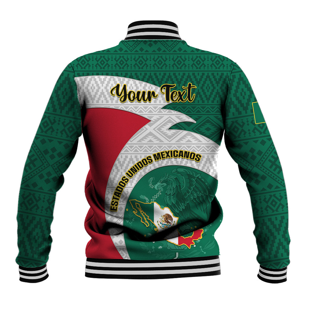 Green baseball varsity jacket with Aztec pattern, back graphic and striped ribbed hem
