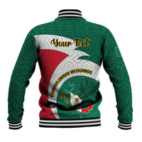 Green baseball varsity jacket with Aztec pattern, back graphic and striped ribbed hem