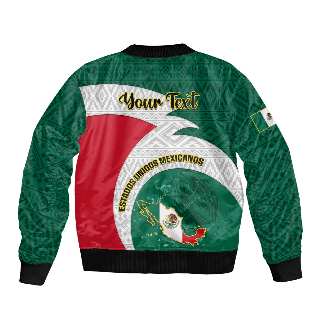 Green bomber jacket back with Your Text and circular Mexico map emblem, Aztec pattern