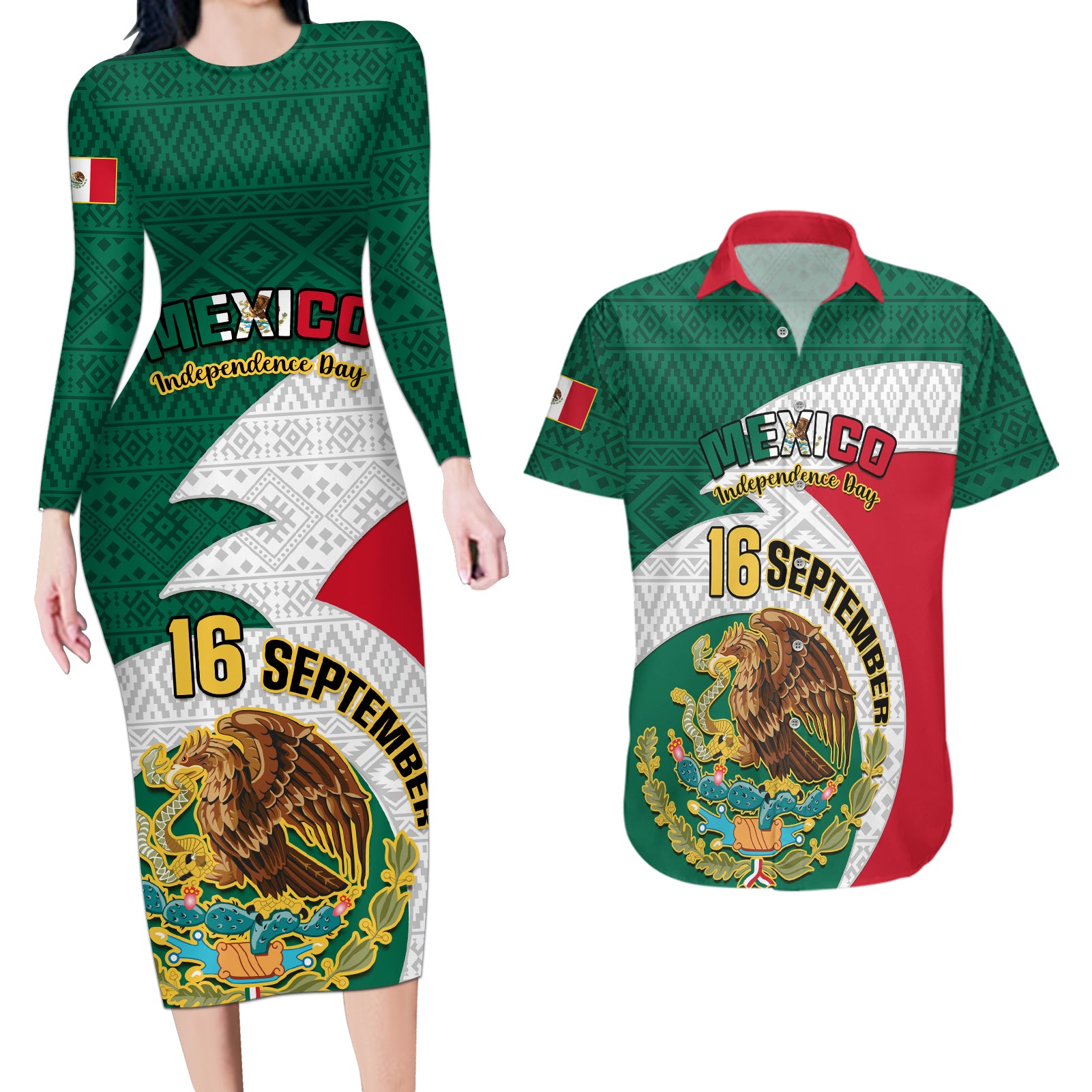 personalised-mexico-independence-day-couples-matching-long-sleeve-bodycon-dress-and-hawaiian-shirt-mexican-aztec-pattern