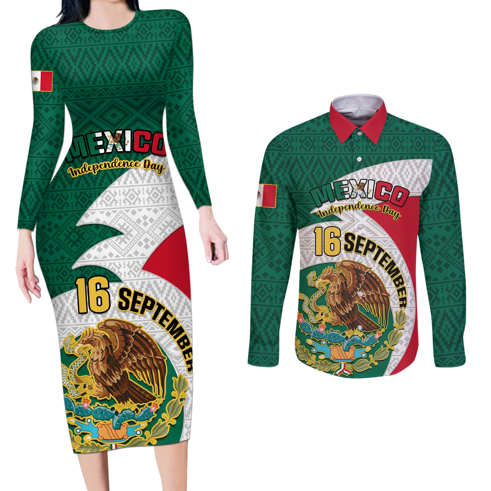 personalised-mexico-independence-day-couples-matching-long-sleeve-bodycon-dress-and-long-sleeve-button-shirts-mexican-aztec-pattern