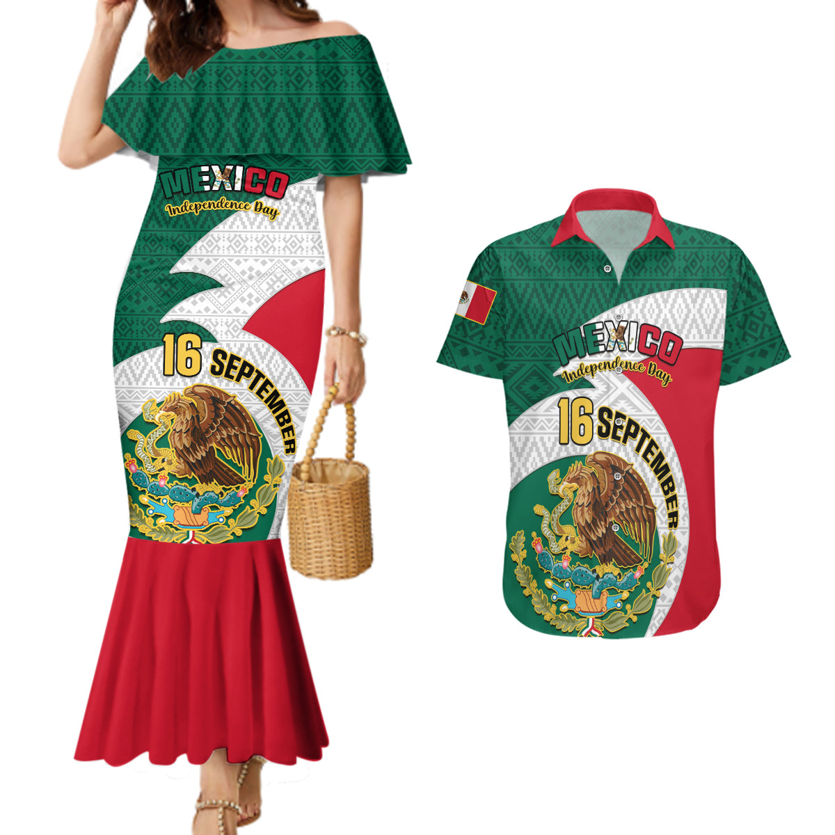 personalised-mexico-independence-day-couples-matching-mermaid-dress-and-hawaiian-shirt-mexican-aztec-pattern