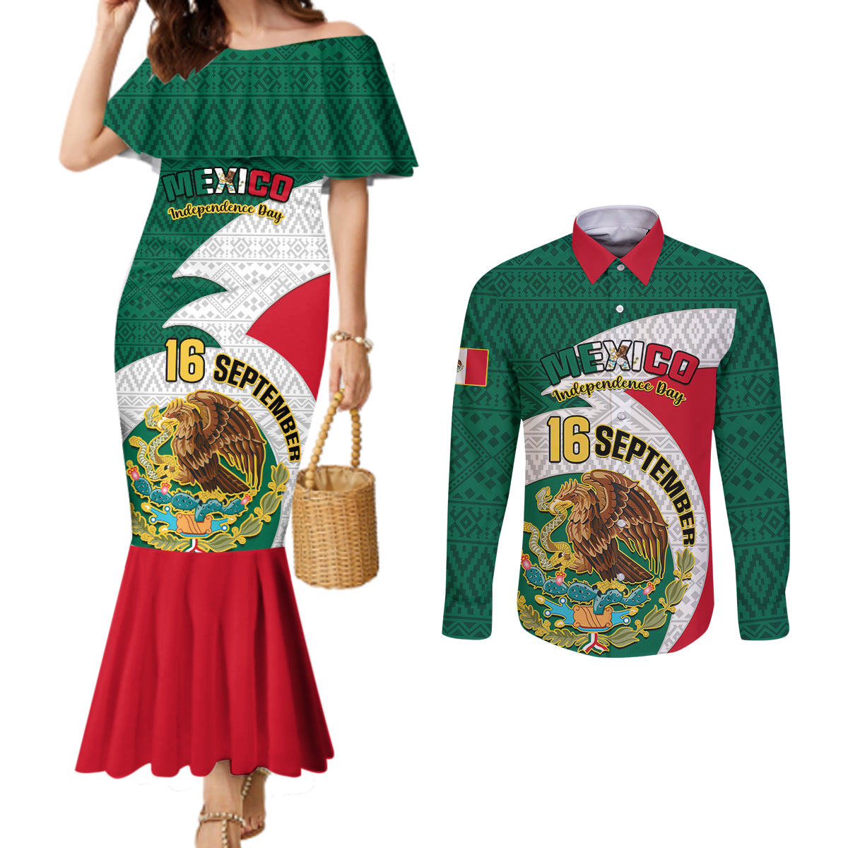 personalised-mexico-independence-day-couples-matching-mermaid-dress-and-long-sleeve-button-shirts-mexican-aztec-pattern