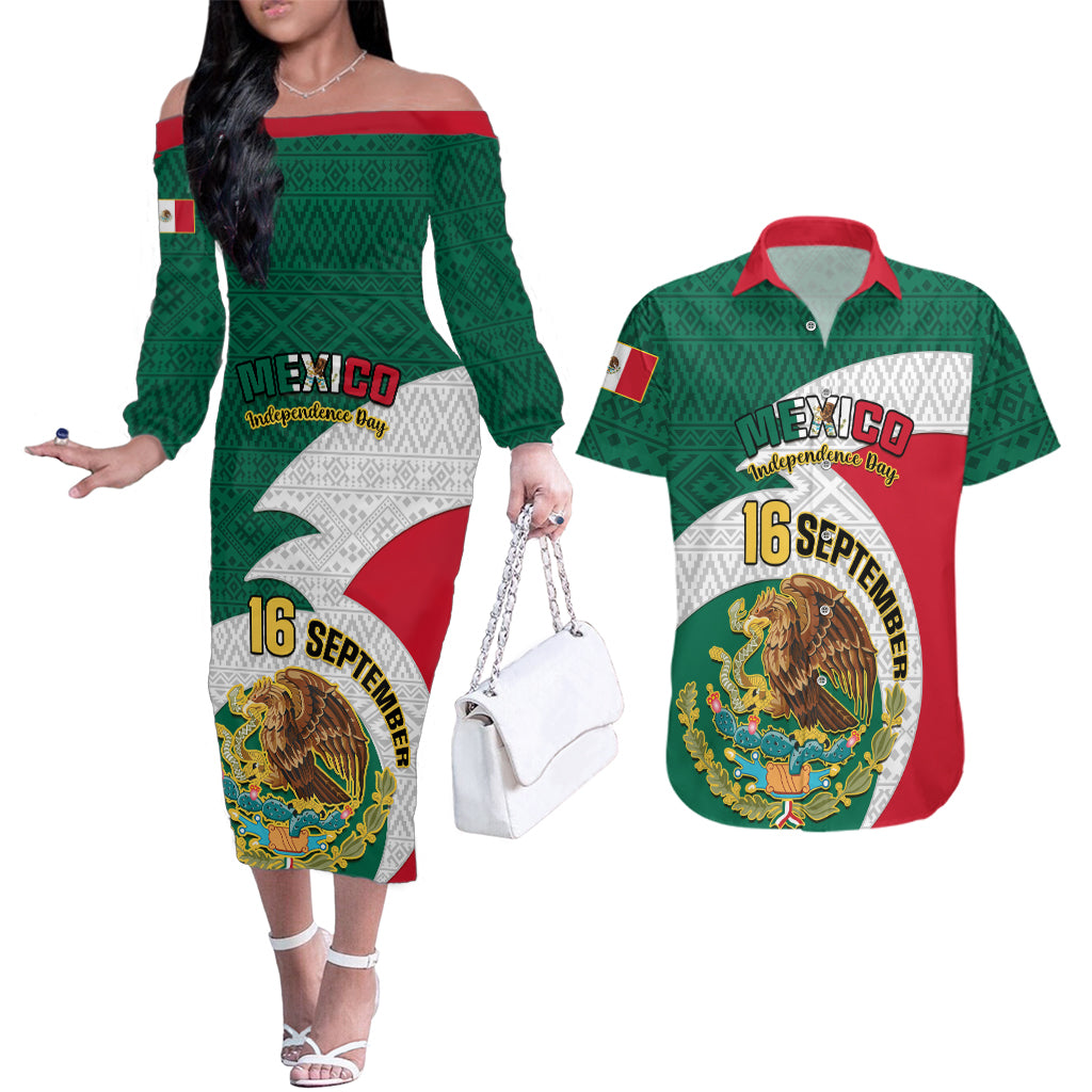 personalised-mexico-independence-day-couples-matching-off-the-shoulder-long-sleeve-dress-and-hawaiian-shirt-mexican-aztec-pattern