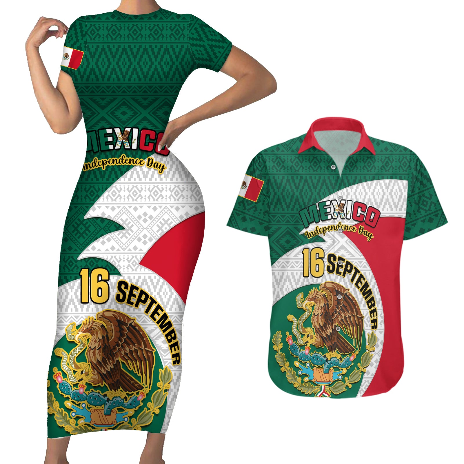 personalised-mexico-independence-day-couples-matching-short-sleeve-bodycon-dress-and-hawaiian-shirt-mexican-aztec-pattern