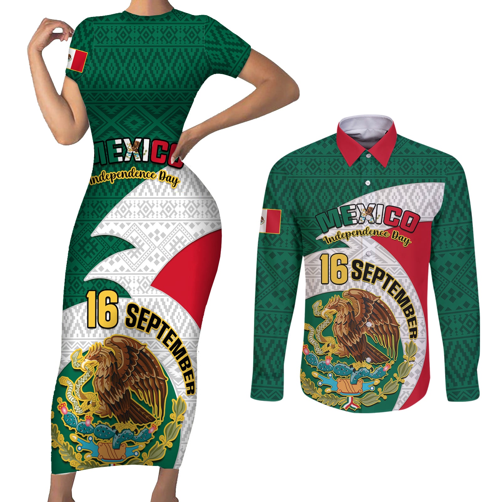 personalised-mexico-independence-day-couples-matching-short-sleeve-bodycon-dress-and-long-sleeve-button-shirts-mexican-aztec-pattern