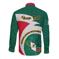 Green long-sleeve button shirt, red collar, Aztec pattern back with flag and Your Text