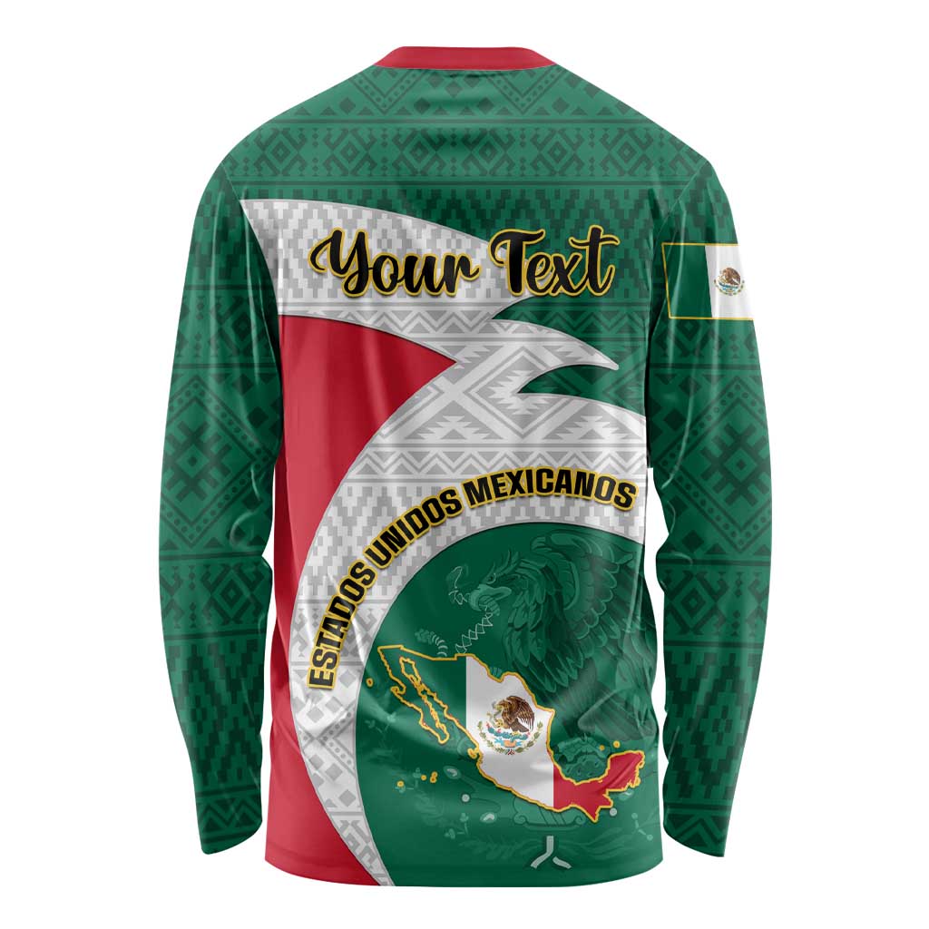 Green long sleeve unisex shirt, back graphic with 'Your Text' over Mexican flag design