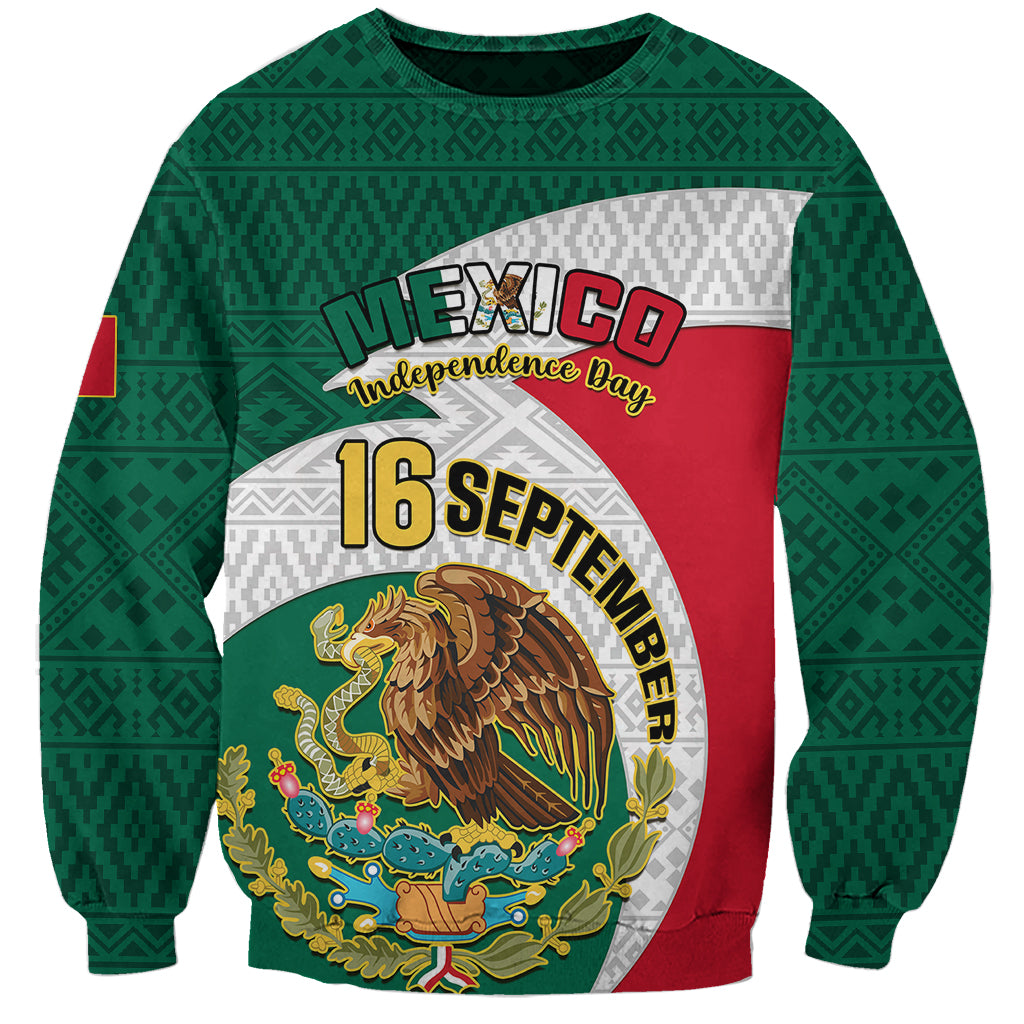 Green Aztec-pattern sweatshirt with eagle graphic, 'MEXICO', 'Independence Day' and '16 September'