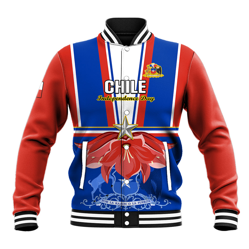 Unisex baseball jacket with red-and-blue vertical stripes, front graphic and varsity collar.