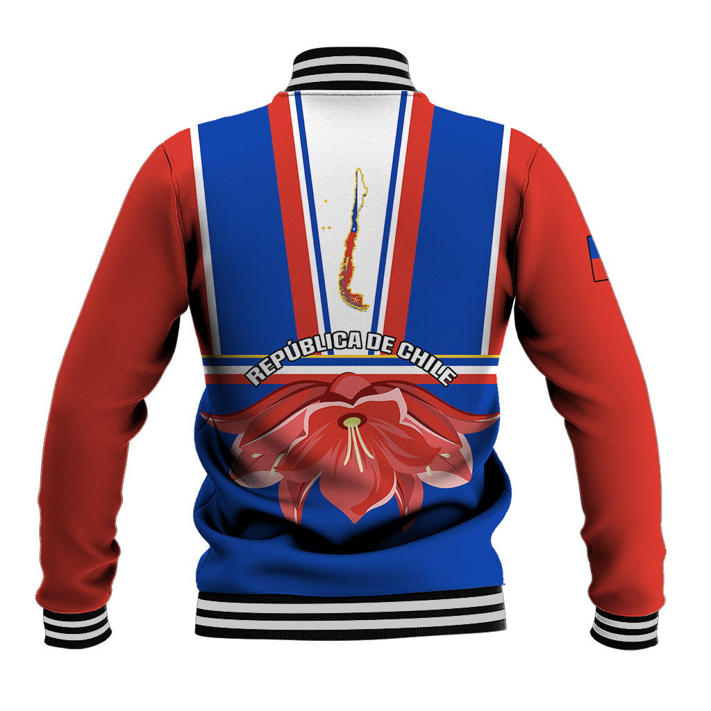 Unisex baseball jacket with red-and-blue stripes, back graphic, varsity ribbed collar.