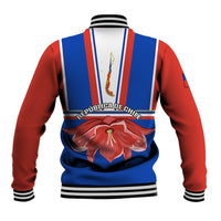 Unisex baseball jacket with red-and-blue stripes, back graphic, varsity ribbed collar.