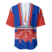 Blue and red baseball jersey back with Republica de Chile text and crest emblem