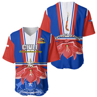 Chile Independence Day baseball jersey with blue-red stripes, shown front and back