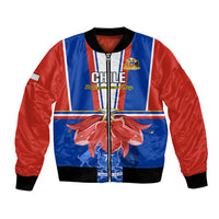 Blue and red bomber jacket with front zipper, Chile emblem, and black ribbed cuffs