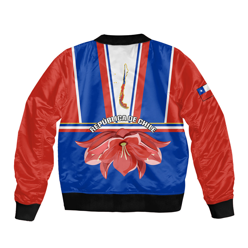 Blue and red bomber jacket, black ribbed hem, back graphic with birds and crest