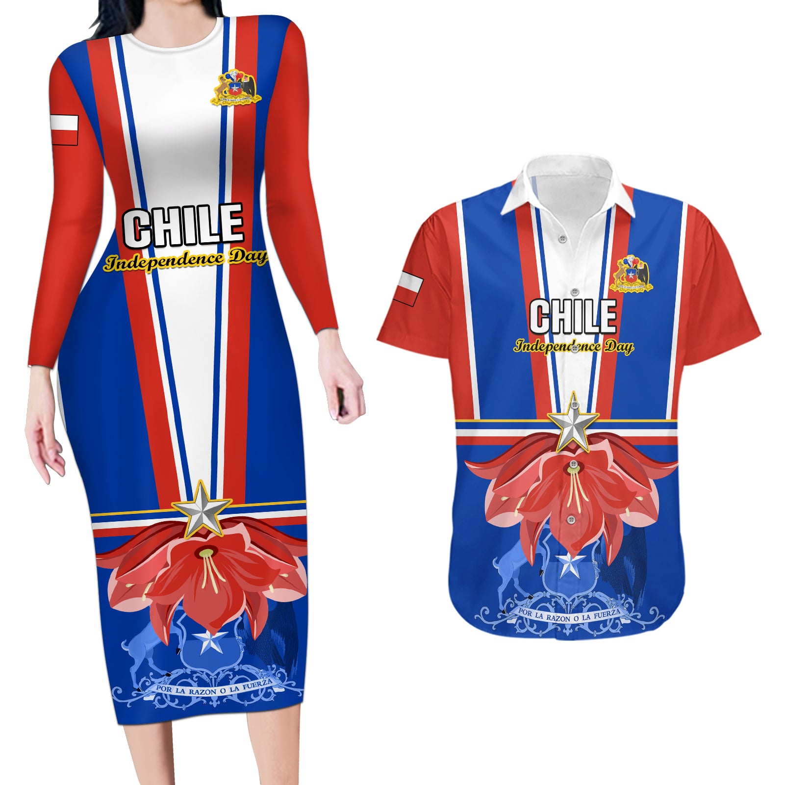 Chile Independence Day Couples Matching Long Sleeve Bodycon Dress and Hawaiian Shirt Chilean Bellflower - Wonder Print Shop