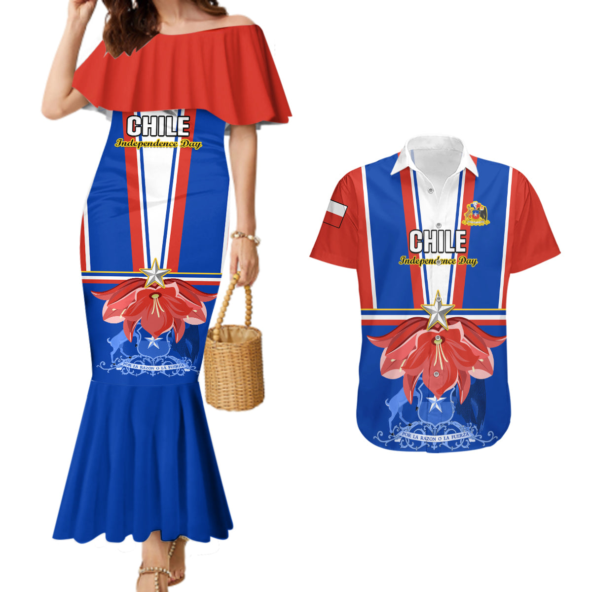 Chile Independence Day Couples Matching Mermaid Dress and Hawaiian Shirt Chilean Bellflower - Wonder Print Shop