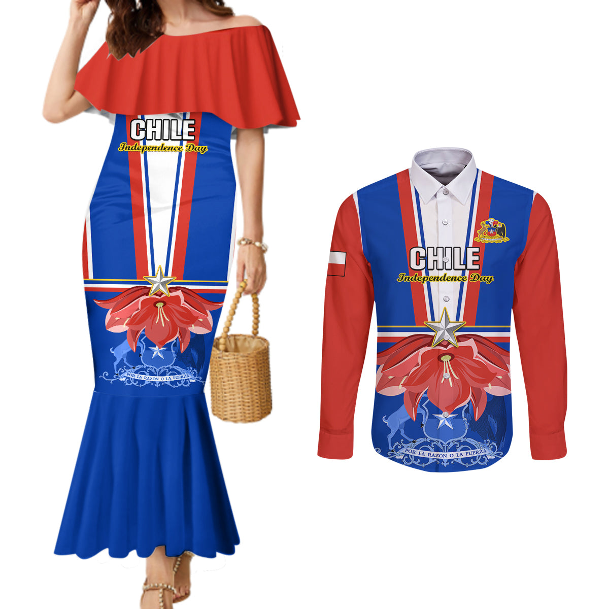 chile-independence-day-couples-matching-mermaid-dress-and-long-sleeve-button-shirts-chilean-bellflower