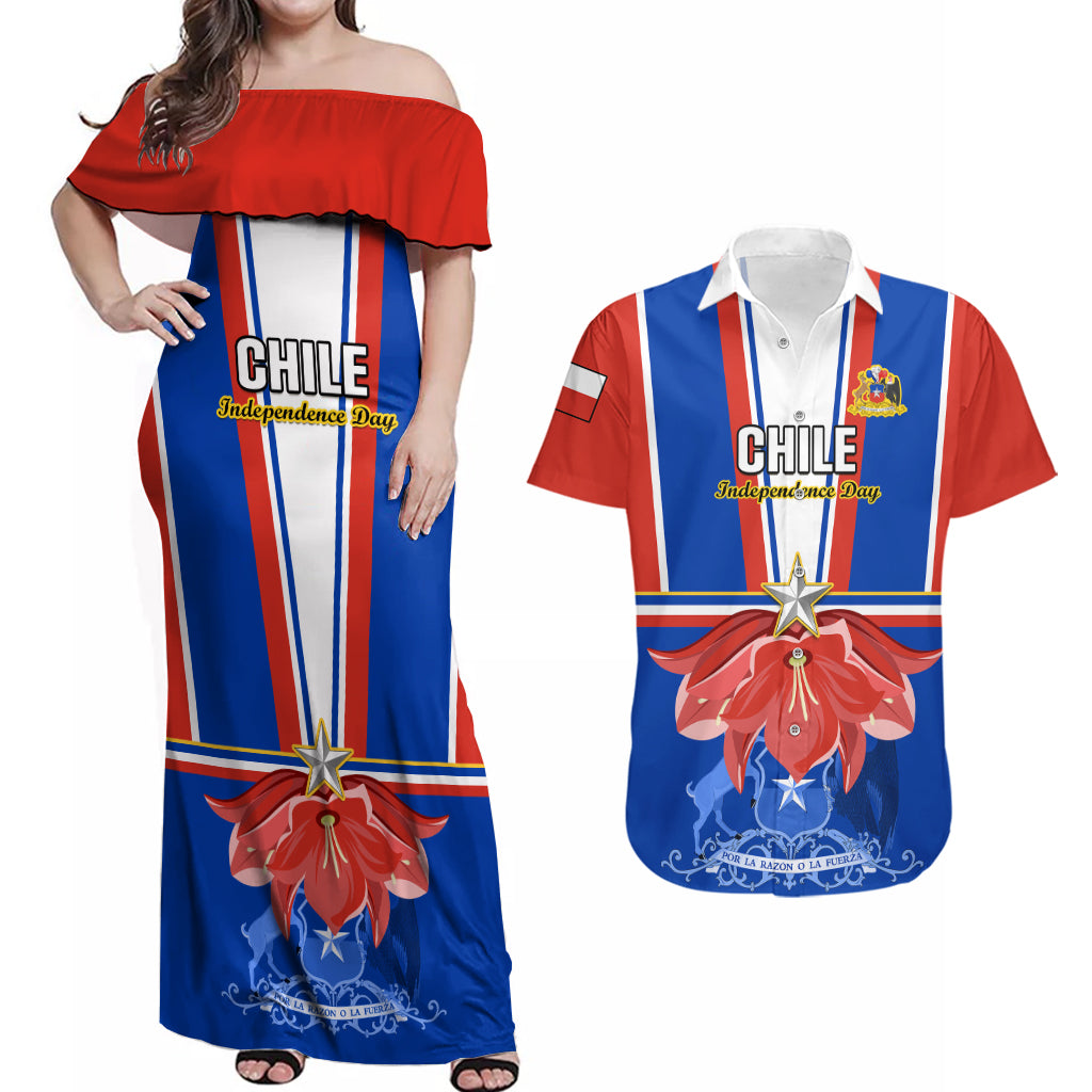 Chile Independence Day Couples Matching Off Shoulder Maxi Dress and Hawaiian Shirt Chilean Bellflower - Wonder Print Shop