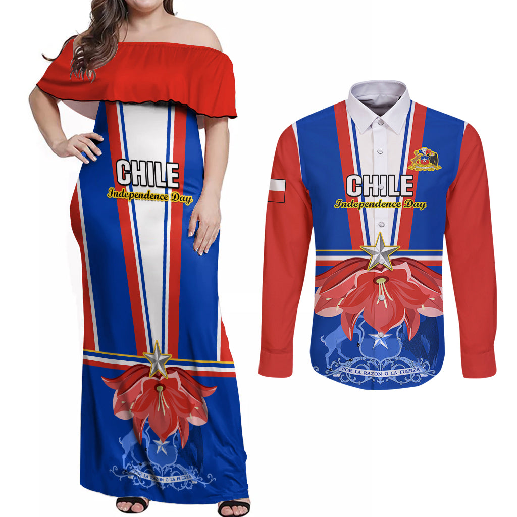 Chile Independence Day Couples Matching Off Shoulder Maxi Dress and Long Sleeve Button Shirts Chilean Bellflower - Wonder Print Shop