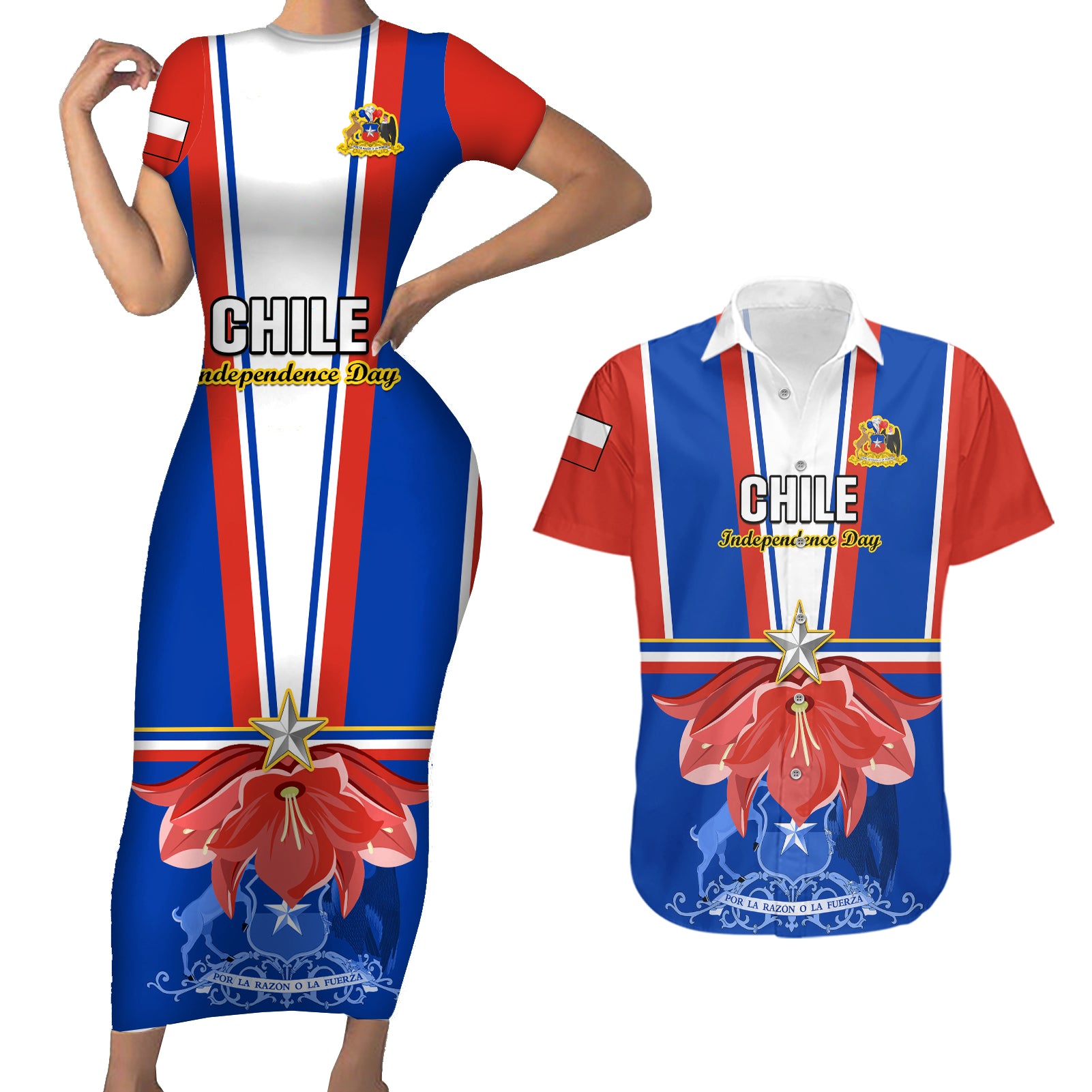 Chile Independence Day Couples Matching Short Sleeve Bodycon Dress and Hawaiian Shirt Chilean Bellflower - Wonder Print Shop