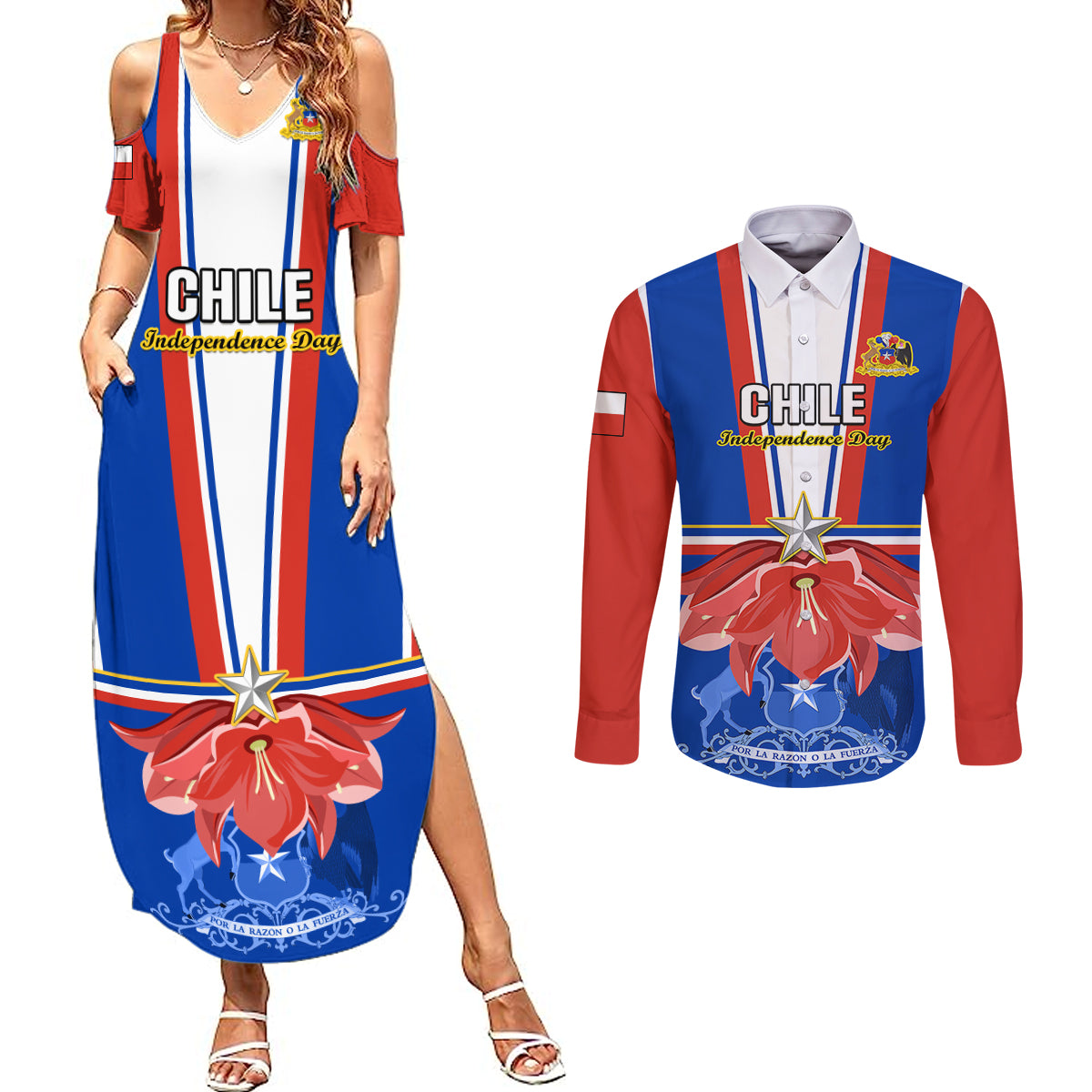 Chile Independence Day Couples Matching Summer Maxi Dress and Long Sleeve Button Shirts Chilean Bellflower - Wonder Print Shop