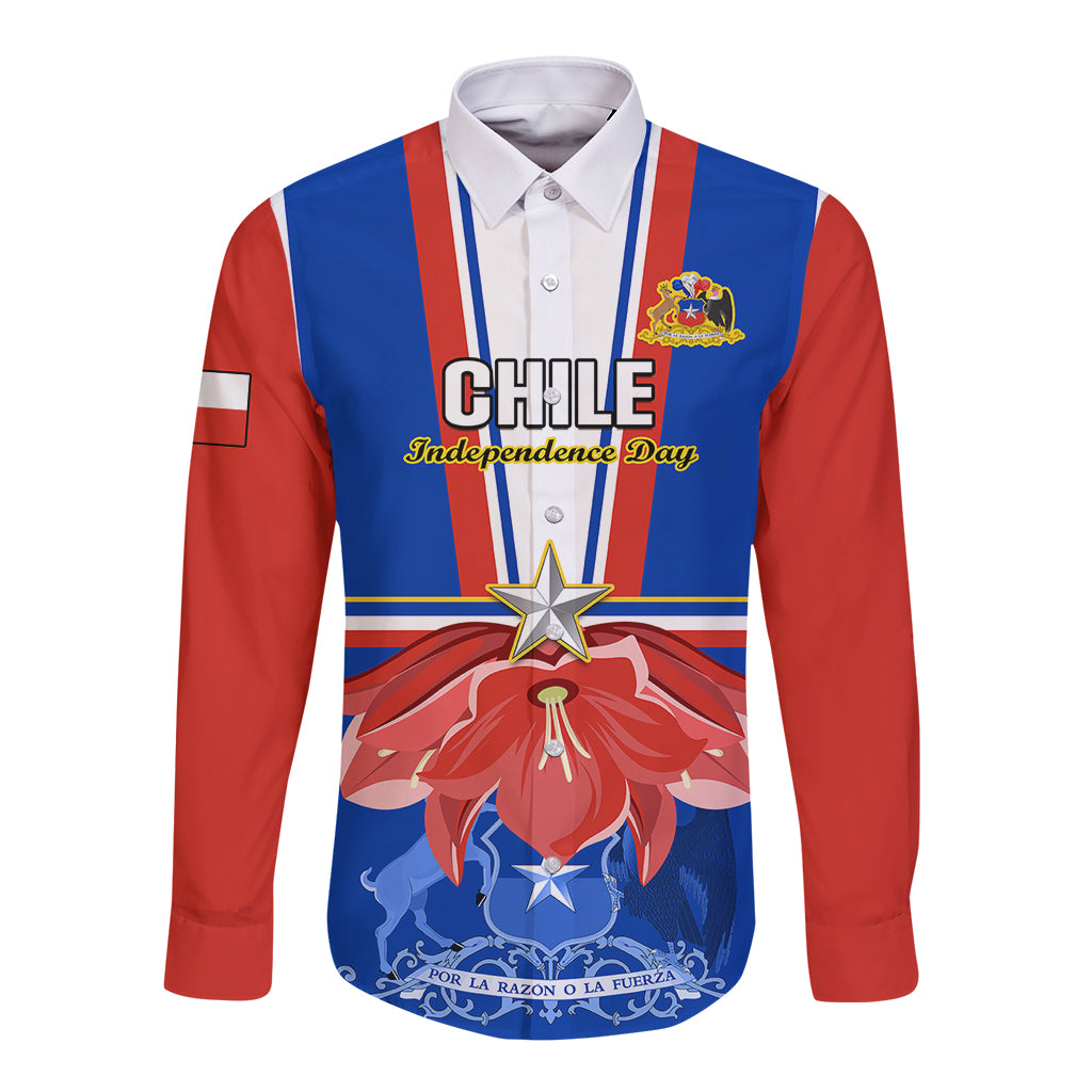 Unisex long sleeve button shirt, blue and red stripes with Chile graphic on front