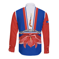 Unisex long sleeve button shirt, back print with Chile flag, stars, and red flower