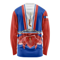 Unisex long sleeve shirt with Chile tricolor stripes, flower emblem and Republica de Chile