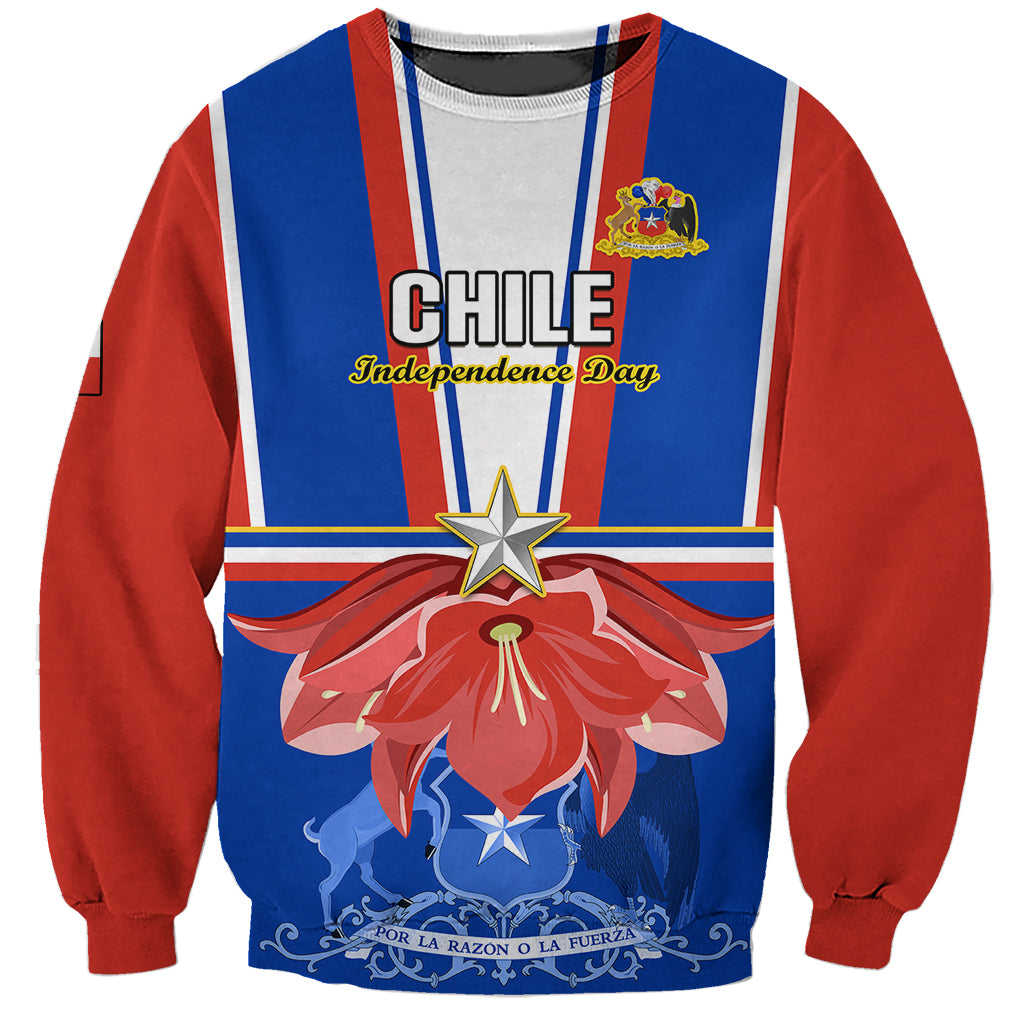 Unisex blue sweatshirt with red accents, patriotic crest, star and flower graphic, crew neck
