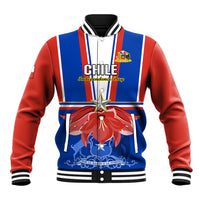 Unisex baseball jacket with blue and red vertical stripes, star and flower graphic, ribbed trim