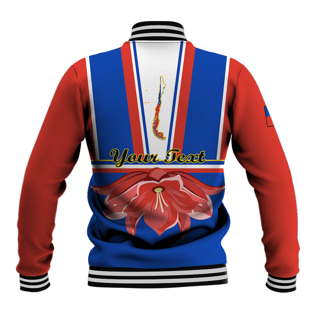 Unisex baseball jacket back with blue/red stripes, crest, and Your Text, ribbed hem