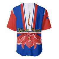 Blue baseball jersey with Chile stripes, gold map print, sleeve flag patch, 'Your Fest'